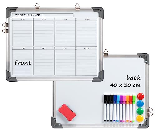 DOEWORKS Weekly Planner Magnetic Whiteboard, 40 x 30cm Whiteboard Wall Mounted, Double Sides A3 Dry Erase Hanging Board for Home School Office