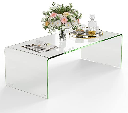 COSTWAY Table Basse/ d’Appoint en Verre Trempé Rectangulaire Forme de U avec Bords Arrondis Lisses, Table Basse Transparente Simple & Moderne pour Salon, Bureau, Hôtel