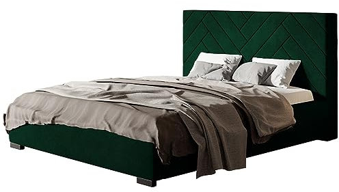 AlpiMeble Polsterbett Sevilla mit Kopfteil, 180x200 cm, Doppelbett mit Bettkasten und Lattenrost aus Holz, Velourstoff Grün