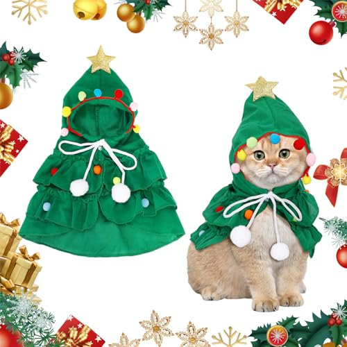 Mantello Natalizio Gatto Forma di Albero,Costume da Compagnia Natalizio,Vestiti Natale Gatto Cane per Gatti Cucciolo Gattino cani di Piccola Taglia Animali, Festa Cosplay di Natale Capodanno, Verde