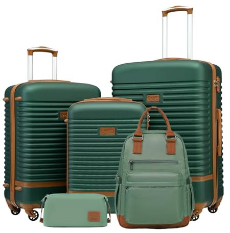 COOLIFE Koffer Trolley Koffer Reisekoffer von ABS Hartschalen Trolley 4 Rollen TSA-Schloss Der Koffer Enthält 1 Reiserucksack und 1 Kulturbeutel (Dunkelgrün/Braun, Koffer-Set 5tlg)