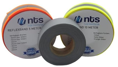 NTS Nähtechnik 50 Meter Reflexband Gelb-Silber-Gelb, Reflektorband zum Aufnähen, in 7 Breiten, längen auswählbar (50, 40)