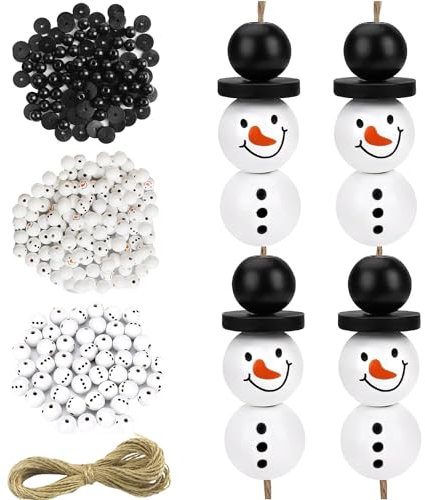Homefantasy 200 Natürliche Holzperlen für 50 Sets Schneemänner,20mm Weihnachten Schneemann-Holzperlen mit 5m Hanfseil,Deko Weihnachten Holzperlen für DIY-Basteleien Winter Weihnachten Halloween