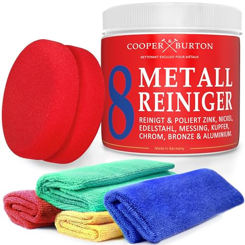 Metal Intensive Power Cleaner Concentrate Cleans, Polishes and Seals for Stainless Steel, Aluminium, Chrome, Copper, Brass, Copper, Nickel, Zinc, COOPER & BURTON (Cleaner + 4x M Cloth + Sponge)