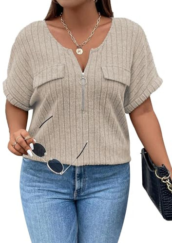 Gemulate Plus Size Ladies Tops Zipper Batwing Sleeve T-Shirt V Neck Short Sleeve Tunic Tops Loose Shirts Blouse Casual Plus Size Tops for Women - Apricot, X-Large