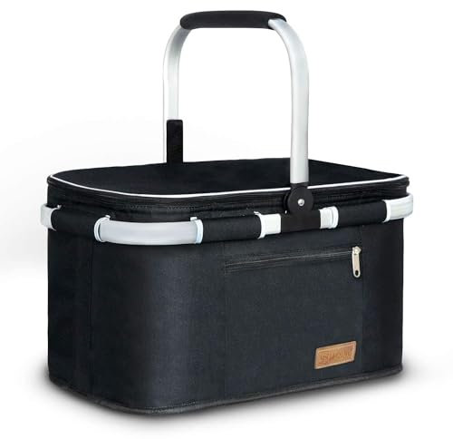 ABIUBIU 35L Large Picnic Basket Shopping Travel Camping Grocery Bags 2 Layers of Internal Pockets Leak-Proof and Insulated Folding, Internal Support Does Not Collapse (Black)