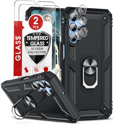 LeYi Hülle für Samsung Galaxy A15 4G/5G Handyhülle mit Kameraschutz [2 Hartglas & 2 Kamera Schutzfolie], Hybrid Schutzhülle Metall Ring Ständer Cover Case Militär A 15 5 G Handy Hüllen Schwarz