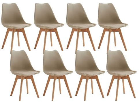 TTATC Lot de 8 Chaises de Salle à Manger avec Pieds en Bois de Hêtre Massif, Chaises de Cuisine au Design Rétro, Chaises de Bureau en Bois avec Siège Rembourré, Kaki