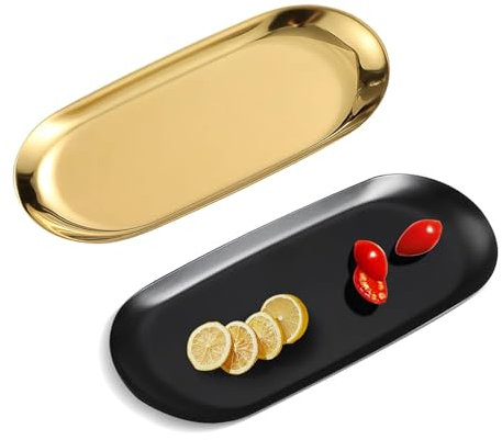2PCS Decorative Small Trays, Stainless Steel Gold Tray, Iron Black Tray, Oval Jewellery and Key Dish, Polished Finish, Mini Trays, Trinket and Candle Pallet, Bathroom and Coffee Table Decorative