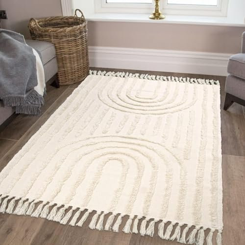 INKAROBOX Tapis en coton tissé à la main avec pompons - Style bohème - Idéal pour salon, chambre à coucher, etc. - Beige arc-en-ciel - 120 x 180 cm
