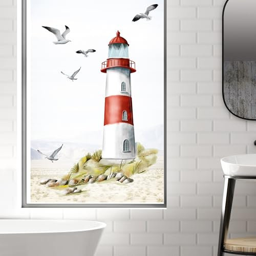 Wandtattoo Loft Fensterbild mit rotem Leuchtturm wiederverwendbar A2 Bogen, Fensteraufkleber Leuchtfeuer maritim rot Ostsee Nordsee Meer Urlaub Fensterdeko Küche Fenstersticker Möwen Warnemünde