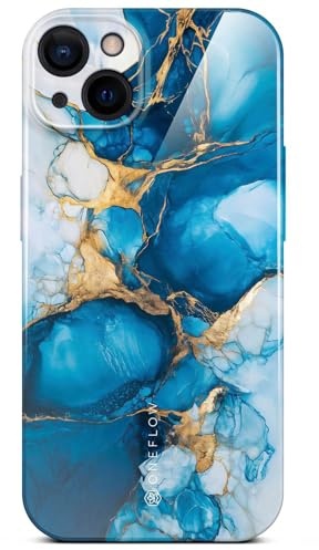 ONEFLOW Bliss Cover für iPhone 15 Hülle in Marmor Optik, Designer Case Handy Schutzhülle mit Kameraschutz, Muster Hardcase Glitzer Handyhülle marmoriert, Blau Gold