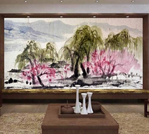Abstract Mountain Willow Tree Pink Flowering Tree House 3D Wallpaper Office Living Room Sofa Bedroom TV Background Wall Decoration-250cm×170cm