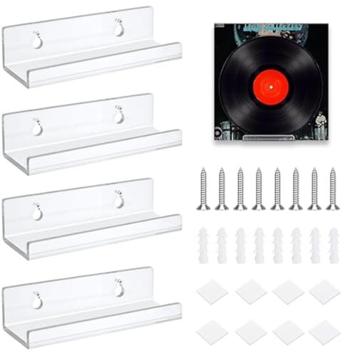 JAWUZ Supporto per Dischi in Vinile, 4 Pezzi Supporti per Dischi in Vinile da 4 pollici, porta vinili, Libreria da Parete Sospesa, Mensole in Acrilico per Dischi, Foto Album e Collezioni