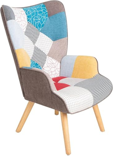 Poltroncina Relax Patchwork Quebec - Poltrona Imbottita con Schienale Alto, Gambe in Legno di Faggio, Design Moderno per Soggiorno, Camera, Ufficio - 69x75x95 cm