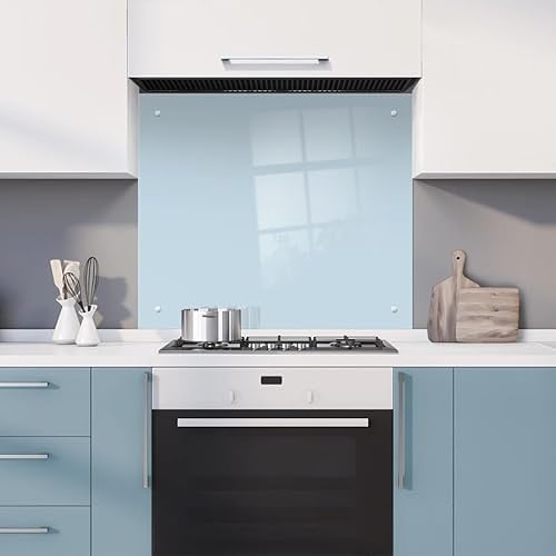 Pale Blue Glass Kitchen Splashback Splatter Screen 6mm Toughened Polished Edge Glass Fittings Included (60 x 65cm)