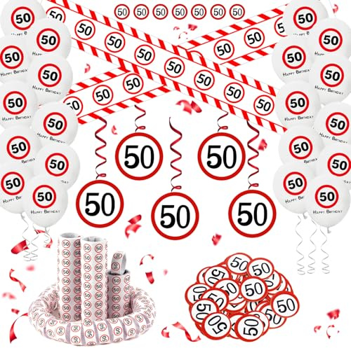 DazzJoy Deko 50 Geburtstag Mann Frau,50 Geburtstag Deko Set mit Absperrband 50. Geburtstage Deko, Luftballons, Luftschlangen, Konfetti,Spiralen Girlande,Verkehrsschild Geburtstagsdeko 50 Männer Frauen
