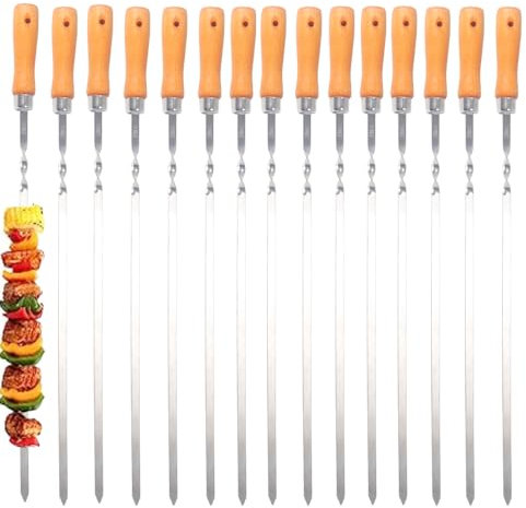 ZMC 15 pinchos para barbacoa de 55 cm de acero inoxidable con mango de madera, brochetas de kebab, brochetas de shish kebab y pinchos de carne, pinchos largos y inoxidables para barbacoa, bandeja de