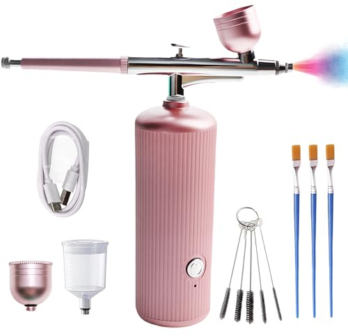 Airbrush Kit with Compressor, 48PSI High-Pressure Rechargeable Cordless Air Brushes Kit, Non-Clogging System with 0.3mm Nozzle and Cleaning Brush for Nail Art, Makeup, Cake Decor, Painting(Pink)