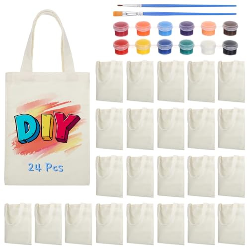 Juego de 24 mini bolsas en blanco, bolsas de lona para niños, bolsas de regalo reutilizables con pintura acrílica de 12 colores, bolsas pequeñas para artes y manualidades