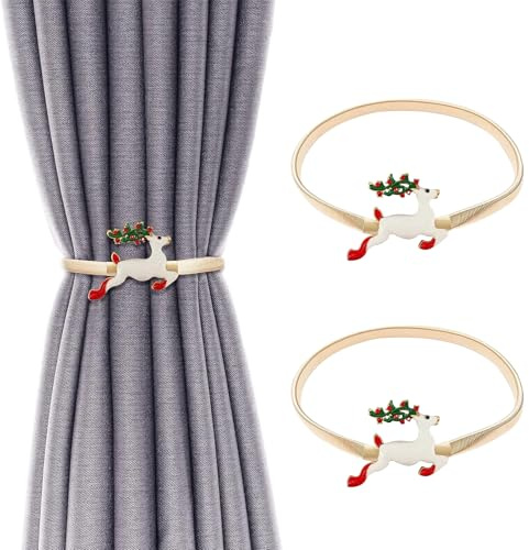 KASESSS 2 Stück Weihnachten Raffhalter für Vorhänge, Vorhang Raffhalter mit Federseil, Gardinenhalter Elchdesign, Vorhang Halter, Raffhalter für Gardinen, Vorhanghalter für Haus Dekoration