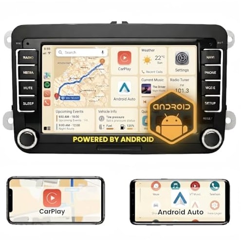 Hexinex Radio de Coche Android 2GB+32GB con Pantalla Táctil para VW, Autoradio de 7'' con CarPlay/Android Auto/Mirror Link,Compatible con WiFi/GPS/Bluetooth/RDS/USB/FM/Mandos del Volante