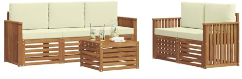 vidaXL Sofagarnituren 6 pcs Natur und Creme Massivholz Akazie, Moderne Gartenmöbel, strapazierfähiges Outdoor-Sofa, Lounge-Set für die Terrasse, bequemes Sitzen draußen