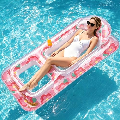 Yotako Adult Lilo Pool Inflatables – Inflatable Lounger for Swimming Pool with Headrest, Cup Holder, Cooling Foot Zone, Sparkling Pink Sequin Inflatable Rafts Floats for Tanning, Summer Lounging
