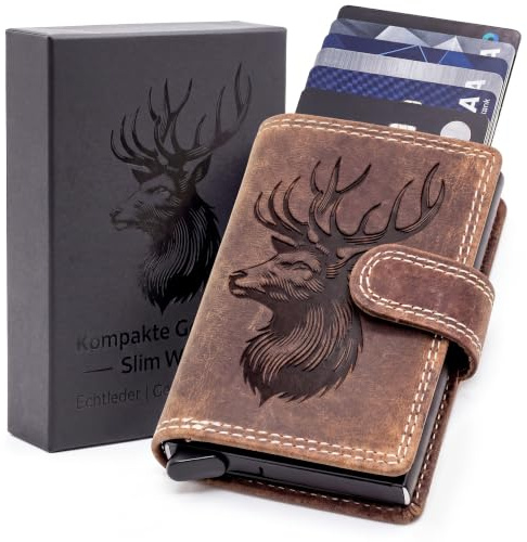 Pixelstudio Herren Leder Geldbörse klein mit Münzfach, Echtleder Kartenetui, Slim Wallet Geldbeutel mit Hirsch, Kreditkartenetui Portmonee