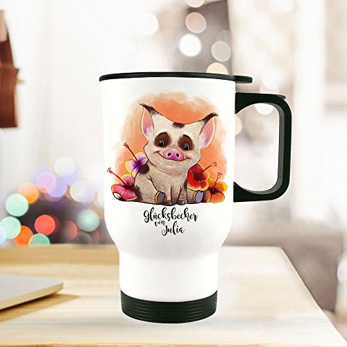 ilka parey wandtattoo-welt® Thermobecher Thermotasse Thermosflasche Kaffeebecher Becher Tasse Schweinchen Glücksbecher mit Wunschnamen tb082b