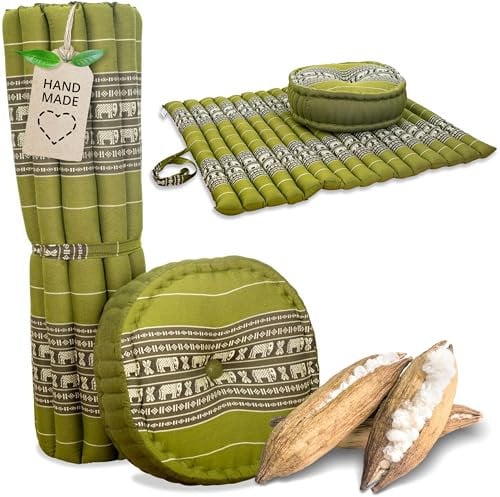 livasia Meditationsset XL - Ø 38x15cm / Matte 75x75x4,5cm - Yogaset mit Kissen und Matte, Pouf, Yogamatte und Yogakissen mit Kapok handgefertigt, Bodenkissen Outdoor, Zafukissen (Grün/Elefanten)