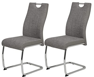 Hela Tische, 2er Set Schwingstuhl Alina Webstoff Grau, Metallgestell Rundrohr Chrom, Lehne mit Griff