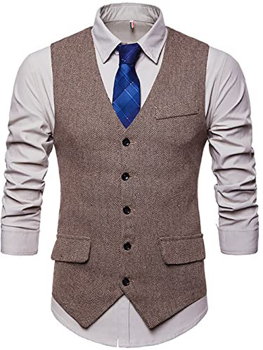 Showu Paisley Gilet Homme sans Manches Slim Fit Double Boutonnage Costume Blazers (À Chevrons/Kaki3, L)