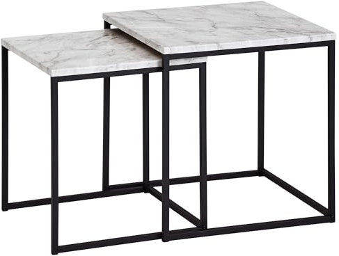 FineBuy Design Beistelltisch 2er Set Marmor Optik Weiß, Couchtisch 2 teilig Tischgestell Schwarz, Kleine Wohnzimmertische, Moderne Satztische