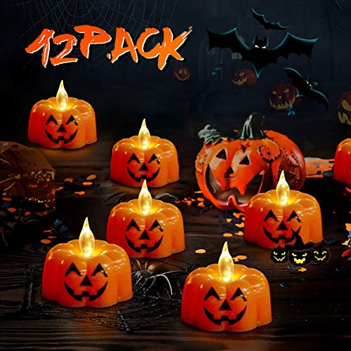innislink LED Teelichter Kürbis,12 pcs Kürbis LED Kerzen Flammenlose Flackern Kerze Pumpkin Licht Elektrische Batteriebetriebene Teelicht Deko für Halloween Weihnachten Ostern Festival Party-Warmweiß