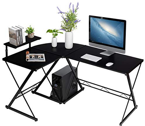 COSTWAY Escritorio de Ordenador en Forma de L, Escritorio Esquina con Soporte Monitor, 2 Formas, Mesa Escritorio 147x112x79cm, Hogar Oficina (Negro)
