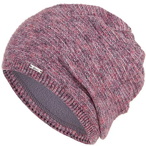 Faera Wintermütze Mütze Damen meliert warm gefüttert Fleece-Futter Winter Herbst Mütze Strickmütze Beanie One-Size 56, Farbe:Lila