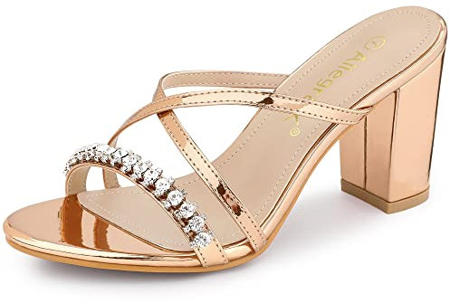 Allegra K - Sandali da donna con tacco a blocchi di strass, Beige (Oro rosa), 40.5 EU