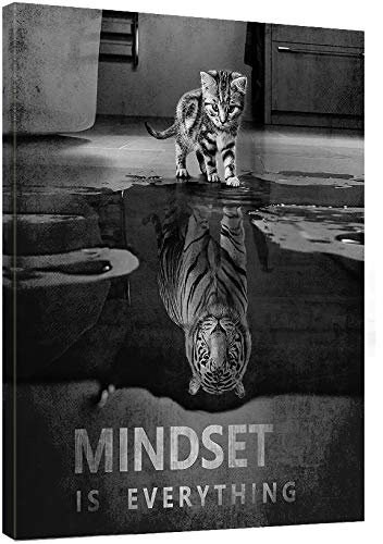 Dafun Art Mindset is Everything Katze inspirierende Unternehmer-Zitate motivierende Wandkunst – Leinwanddruck Rahmen Bild Gemälde für Büro Flur Heimdekoration Kinderzimmer Geschenk-61 x 81,3 cm