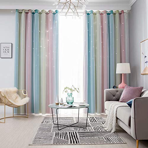 YEENUEER Gardinen Kinderzimmer Blickdicht Vorhang Junge Mädchen Hohle Sterne Verdunkelung Vorhänge Farbverlauf Ösenschal Voile für Schlafzimmer, Pink Green 2 Stücke