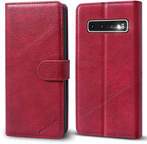 KRAFTCARE Handyhülle für Samsung Galaxy S10 Plus Hülle mit [Standfunktion] [Kartenfach] Flip Case Leder Stoßfeste Schutzhülle für Klapphülle Samsung S10 Plus Hülle, Weinrot