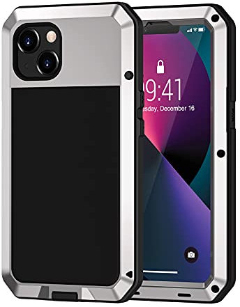 Lanhiem iPhone 13 Heavy Duty Case, Shockproof Metal Cover With Tempered Glass Screen, 360 Full Body Protective Rugged Tough Armour Work Case - Silver