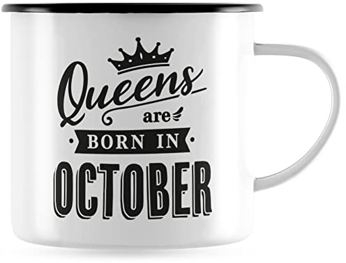 JUNIWORDS Emaille-Tasse, Queens Are Born in October, Schwarzer Tassenrand
