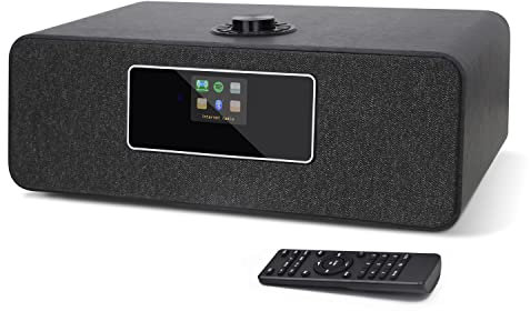 MS3 Stereo WIFI Internet DAB+ Digital and FM Radio with Bluetooth,Spotify Connect,Dual Alarms Clock,USB Charger,Full Colour Display, Remote Control - Black oak