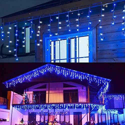 17m Lichterkette Außen Eisregen Blau und Kaltweiße, 480 LED Strom mit Stecker, Weihnachtsbaum, Eiszapfen Lichtervorhang für Traufe, Treppe, Geländer, Fenster Blau und Kaltweiße Inner