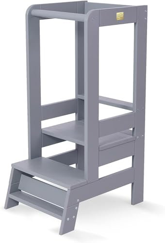 MEOWBABY Lernturm – Höhenverstellbarer Montessori Learning Tower für Kinder – Lernturm ab 1 Jahr – Sicherer Kinder Tritthocker – Holz Küchenhelfer für Küche & Alltag, Grau