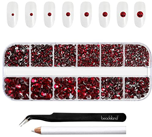 Beadsland Strasssteine für Makeup,8 Größen 2500pcs Kristall flache Rückseite Strasssteine Gesicht Edelsteine für Nägel Handwerk mit Pinzette und Wachsstift,Dunkles Rot,SS4-SS30