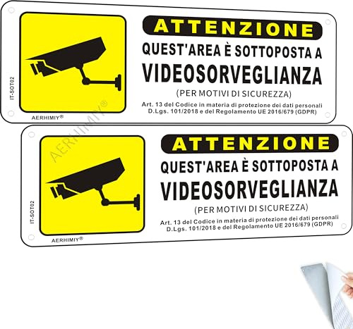Cartello Area Videosorvegliata Alluminio Riflettente 25x9 cm, Impermeabile, Antiruggine, Con Adesivo e Fori