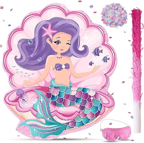 Muschel Pinata Meerjungfrau Party Pinata für Mädchen Geburtstag Meer Thema Pinata mit Stab Augenmaske und Konfetti für Meerjungfrau Geburtstag Deko Zubehör