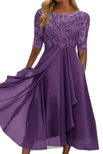 WEITING Vestido de Noche de Dama de Honor de Primavera y Verano Europeo y Americano Vestido de Gasa Hueco de Manga Media de encaje-Púrpura-3XL
